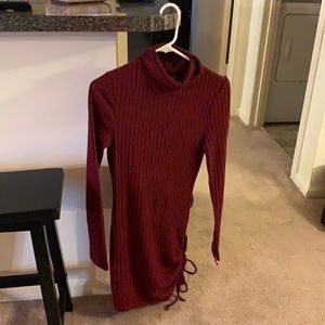 Deep Red Long Sleeve Turtle Neck Knee Length Dress